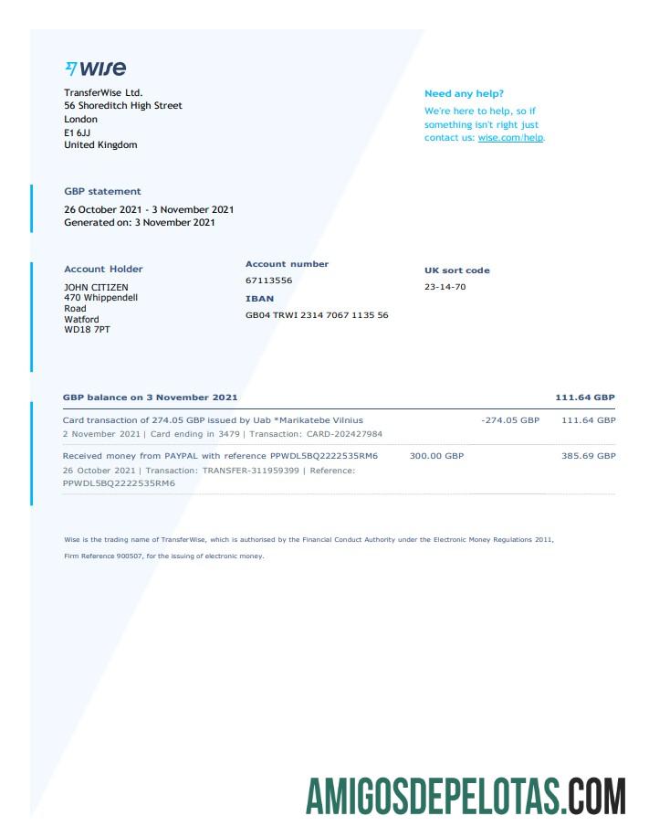 Modelo de extrato bancário Wise em branco do Reino Unido em formato Word e PDF